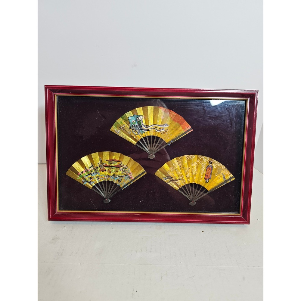 Vintage Japanese Shadowbox Wall Art 3 Miniature Gold Fans Geisha Temple Rickshaw